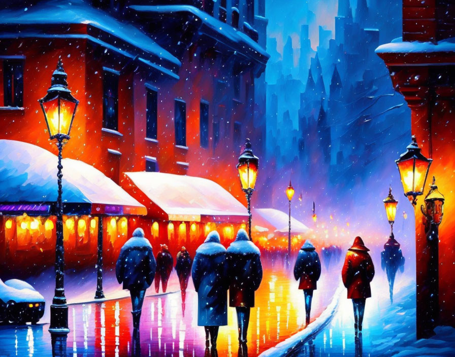 Colorful Painting: People on Snow-Covered Street at Twilight