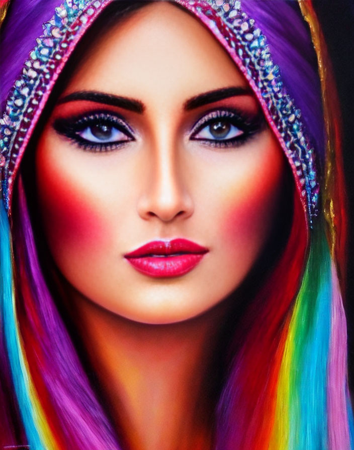 Vibrant portrait of a woman with rainbow hair and bold makeup