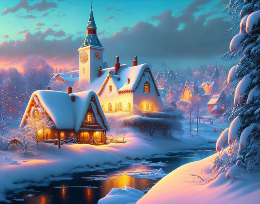 Snowy village with clock tower and illuminated houses by serene river at dusk