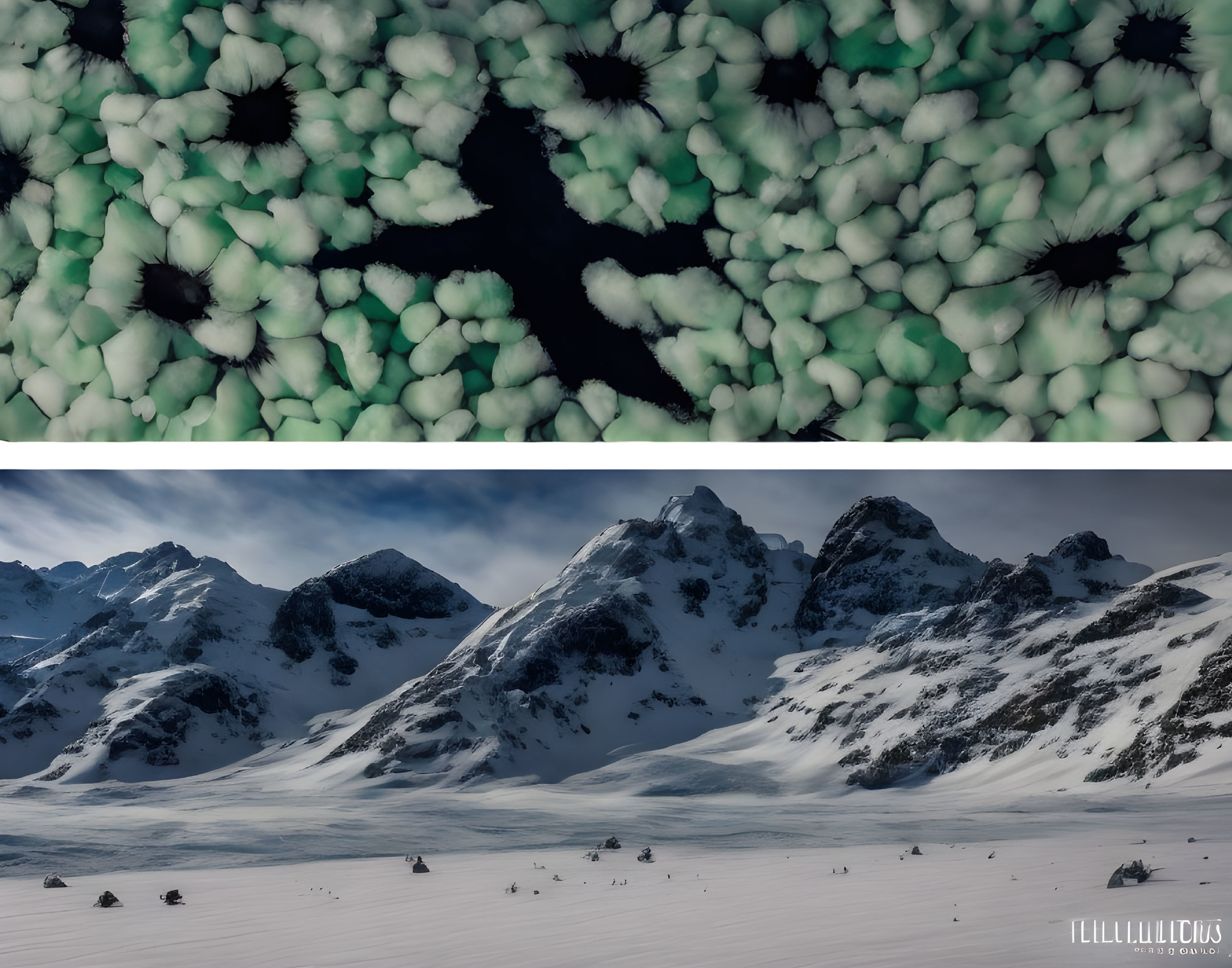 Snowy Mountain Landscape with Surreal Sky and Black Dots Pattern