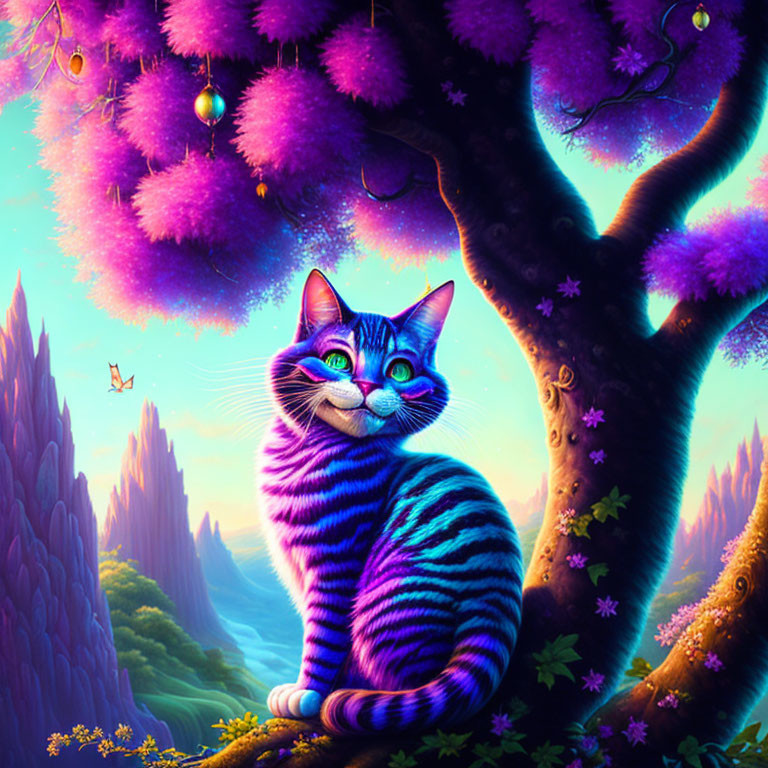 Colorful whimsical illustration of striped cat under purple tree in fantastical forest