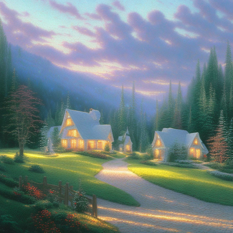 Twilight scene with cottages, forest, path, flowers, tranquil sky