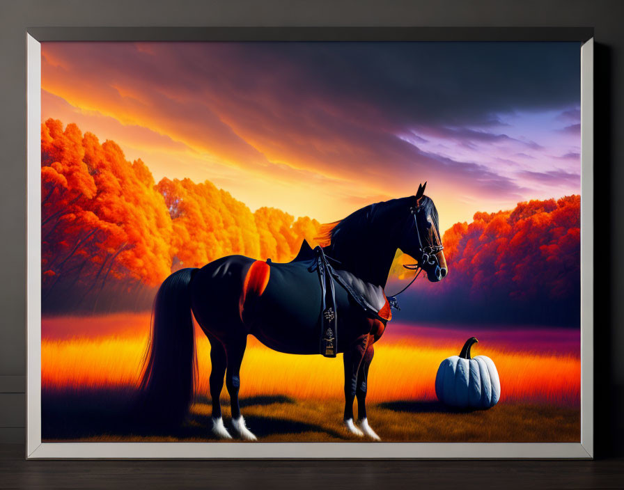 Black Horse with Saddle Beside White Pumpkin in Autumn Forest