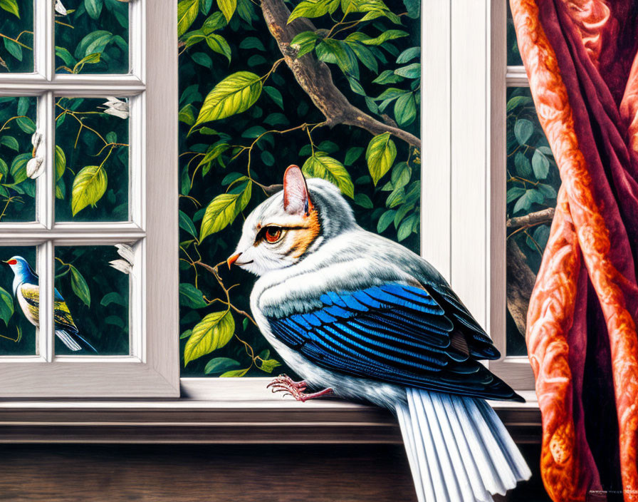 Colorful Bird with Blue Wings Perched on Garden Windowsill