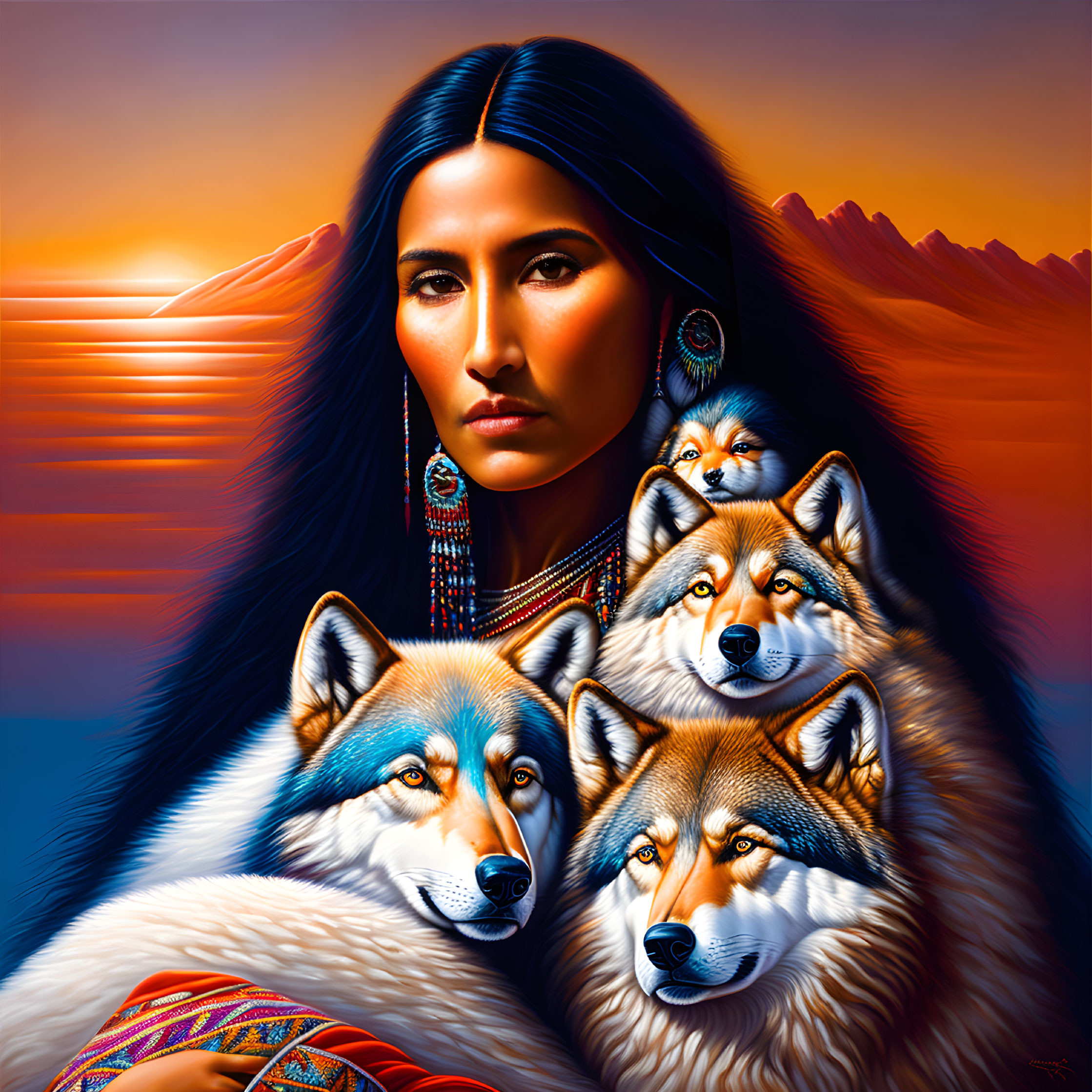 Stoic woman with long dark hair and three wolves in orange and blue sunset scene