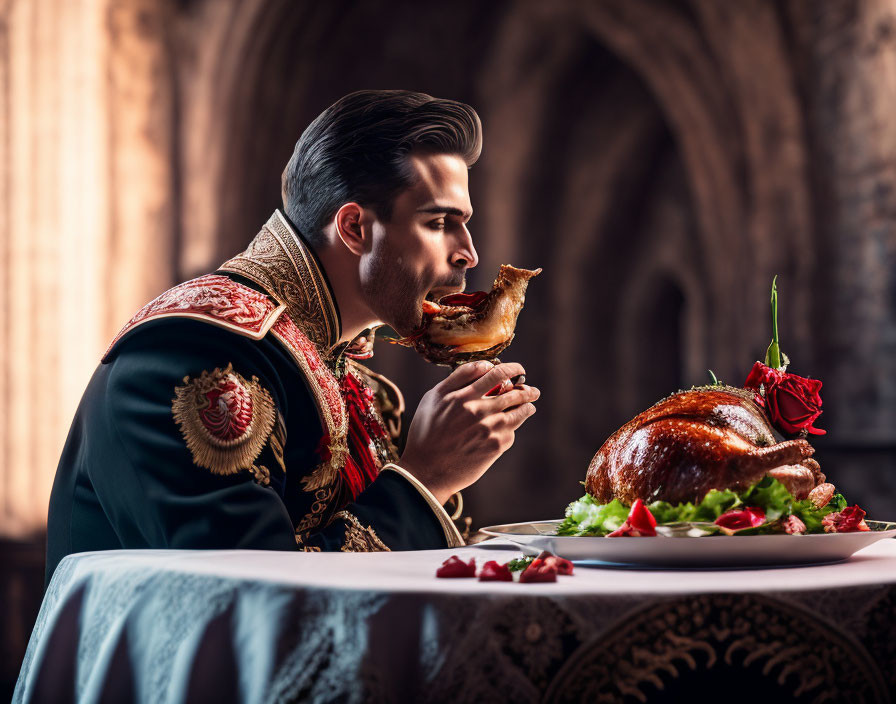 Man in ornate uniform enjoying roasted turkey leg at elegant table in grand room