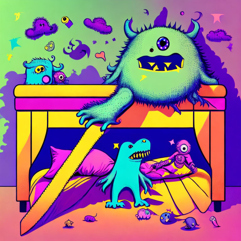 Vibrant whimsical monster illustration under bed with candy & robot.