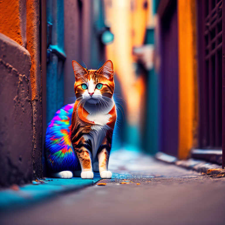 Colorful Peacock Tail Cat in Narrow Alley gazes at Camera