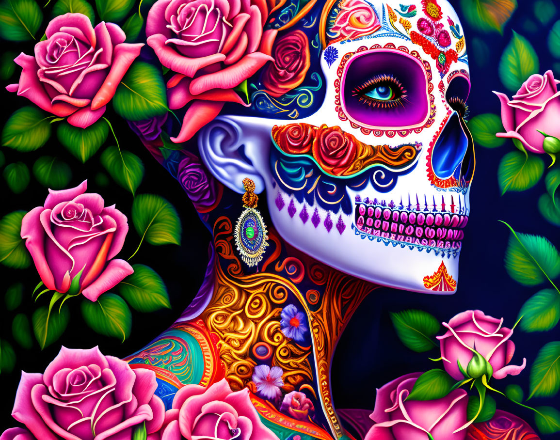 Vibrant Dia de los Muertos skull with pink roses on dark background