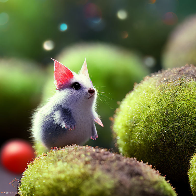 Vibrant white fur and red-eared mouse in mossy spheres with bokeh lights