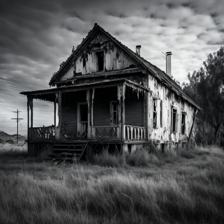 Weathered wooden house in desolate field with overgrown grass and cloudy sky