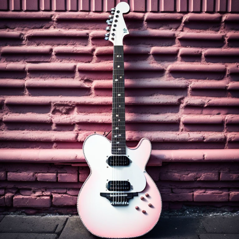 White Electric Guitar Against Textured Pink Brick Wall