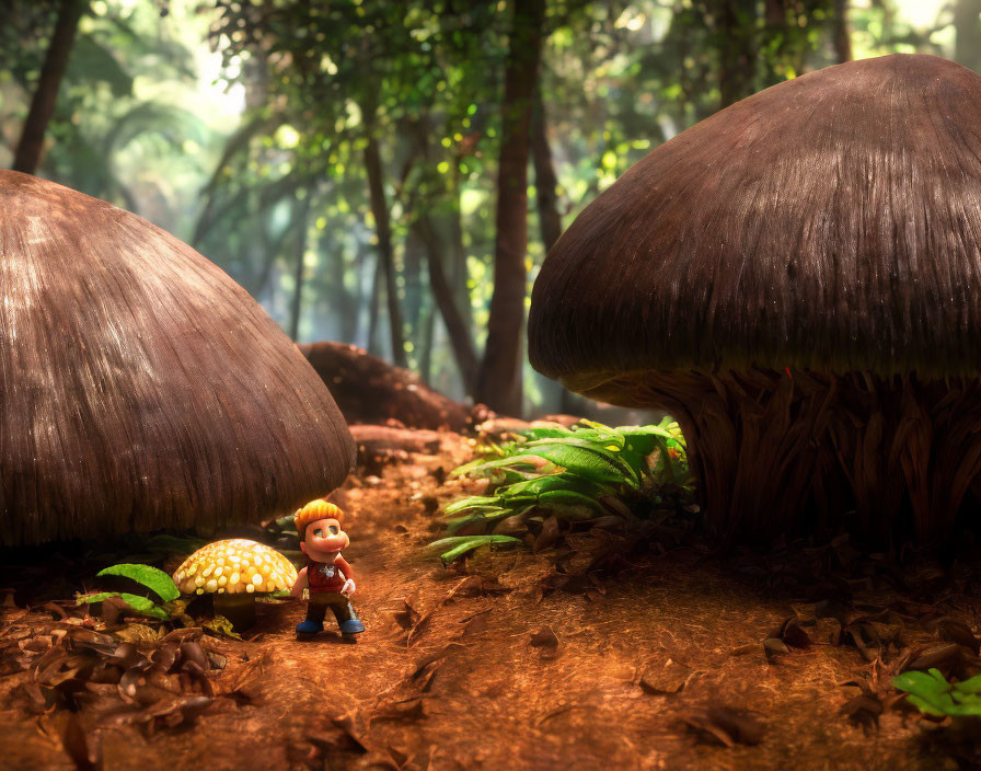 Animated figure in mystical forest with giant mushrooms and small turtle-like creature