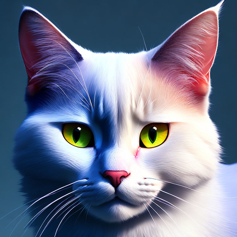 Grey and White Cat Digital Art with Green Eyes on Blue Background