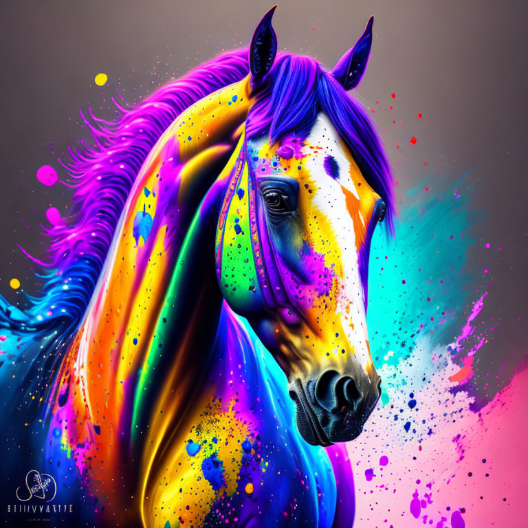 Colorful Horse Artwork in Electric Blue and Magenta on Dark Background