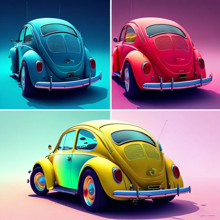 Colorful Volkswagen Beetle Illustrations on Vibrant Gradient Backgrounds