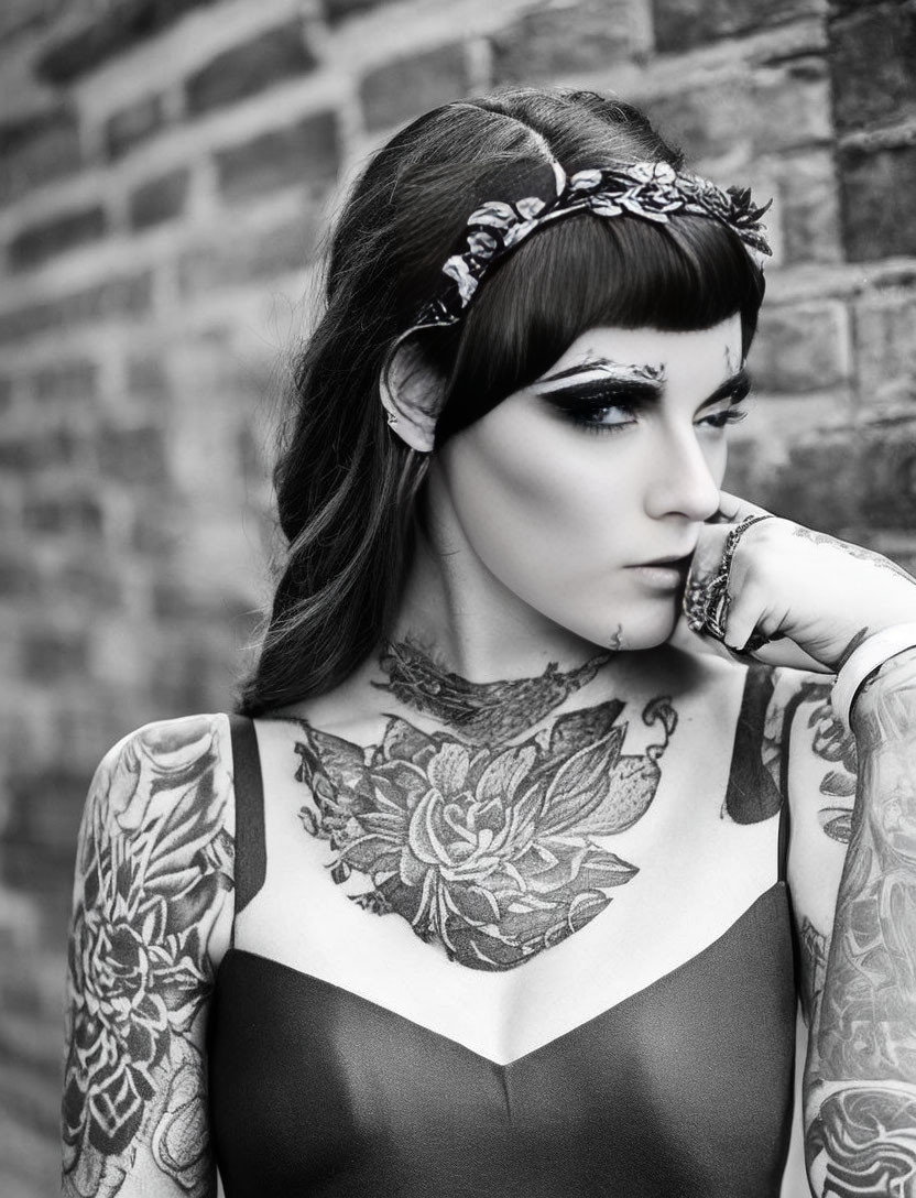 Monochromatic portrait of woman with tattoos, headband, and dramatic makeup against brick wall