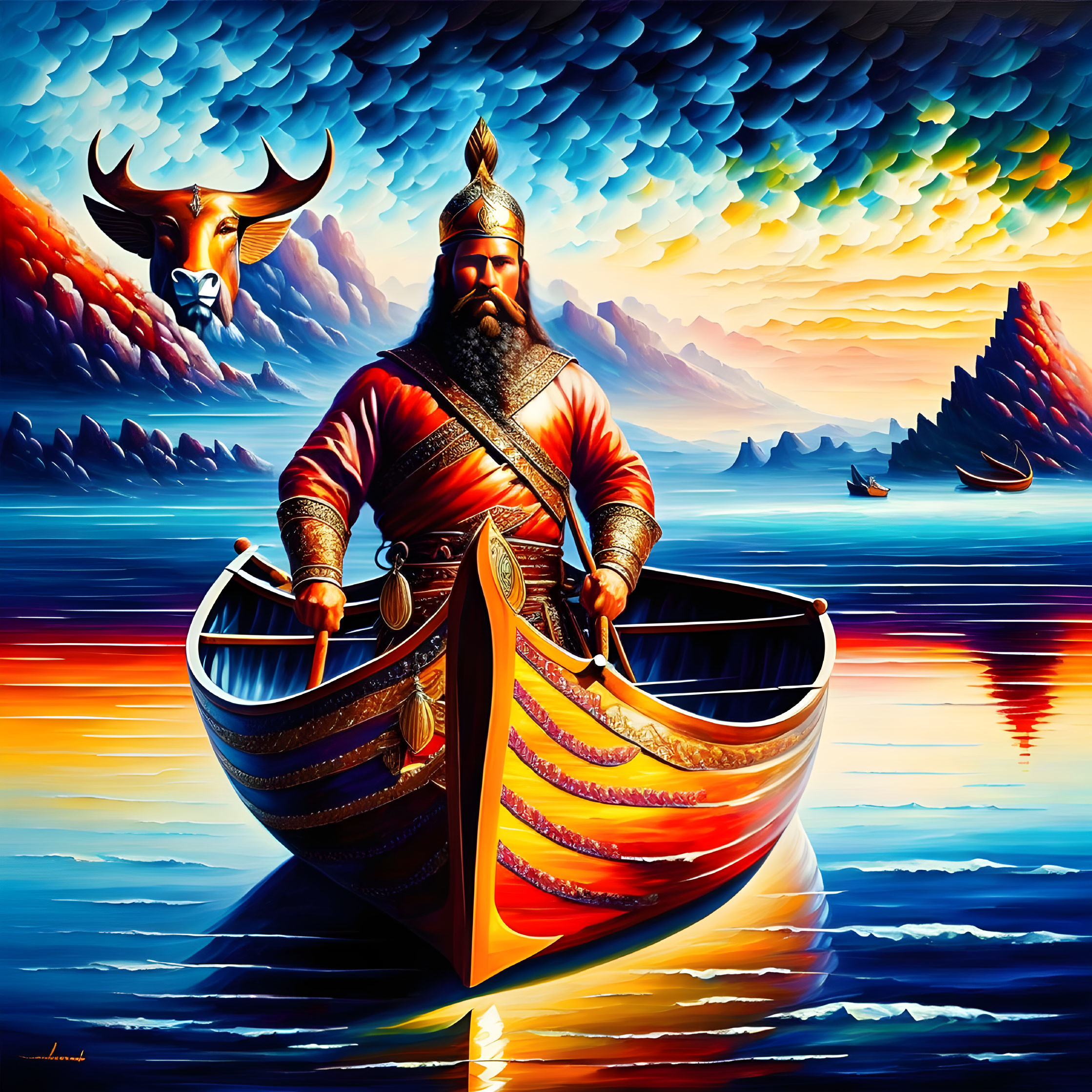 Vibrant Viking illustration on boat at sunset