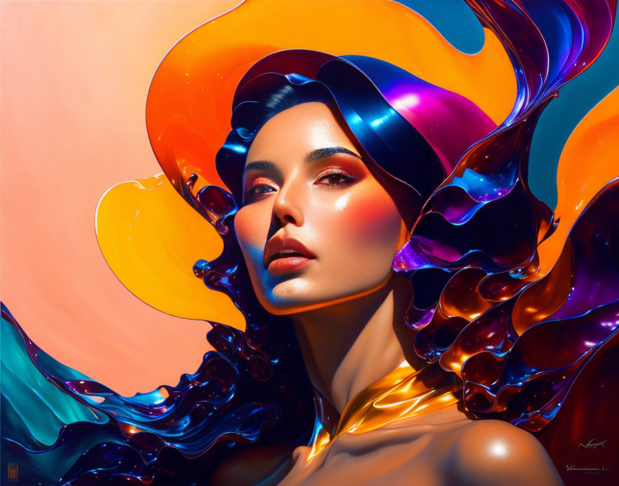 Colorful portrait of woman with fluid shapes on warm background