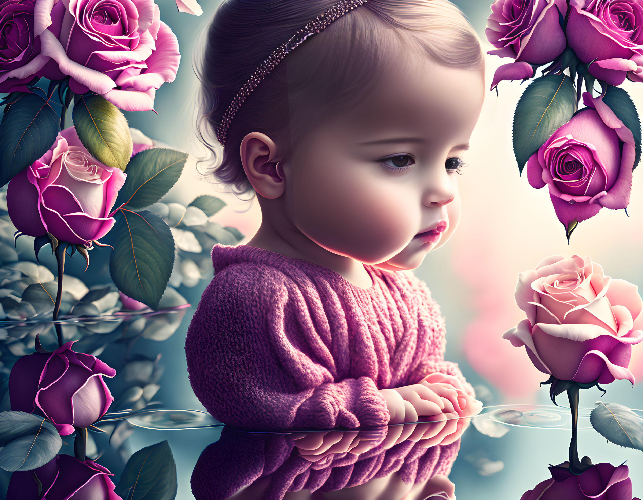 Child with headband surrounded by pink roses and reflective surface