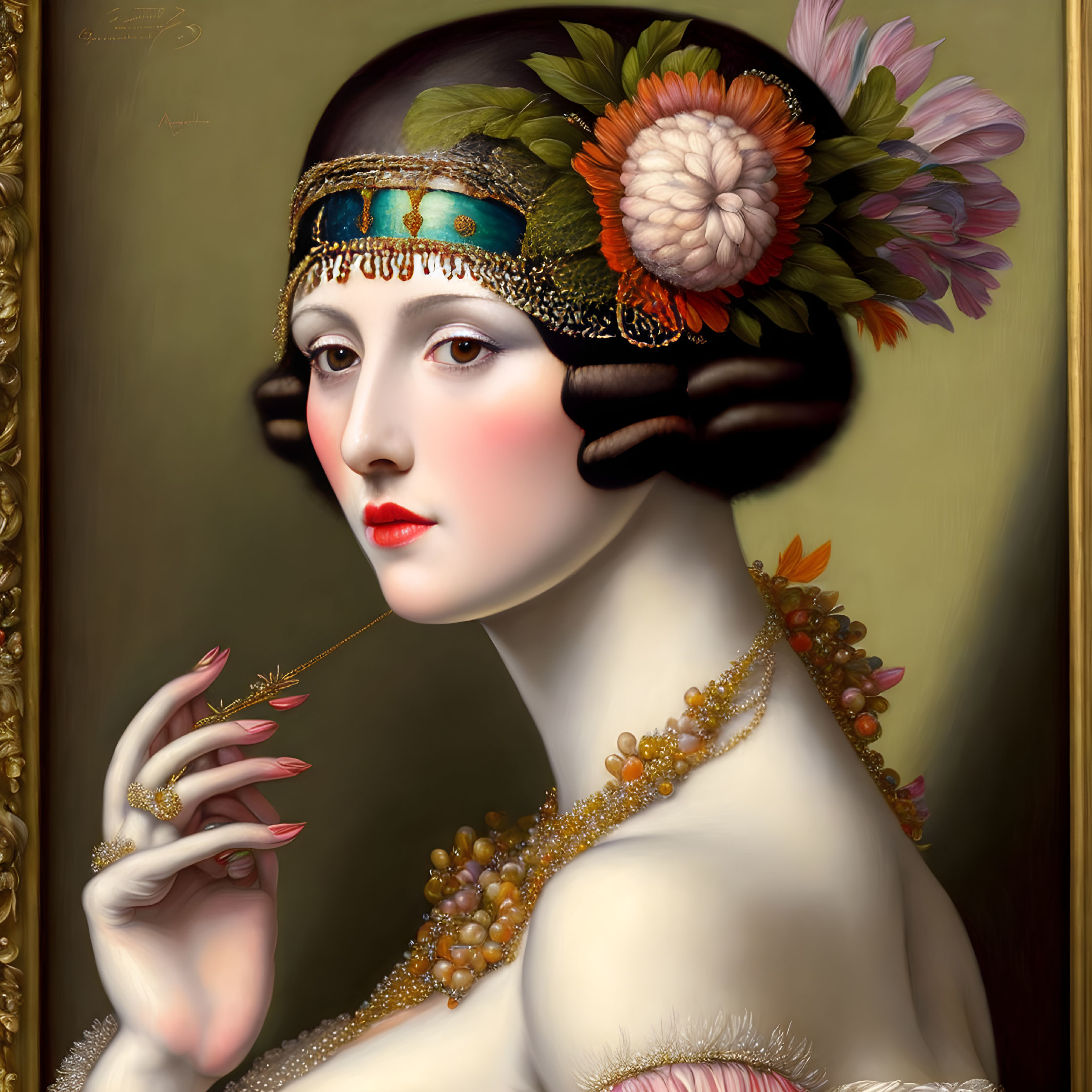 Detailed portrait of a woman with ornate headband, flower, necklaces, and poised hand.