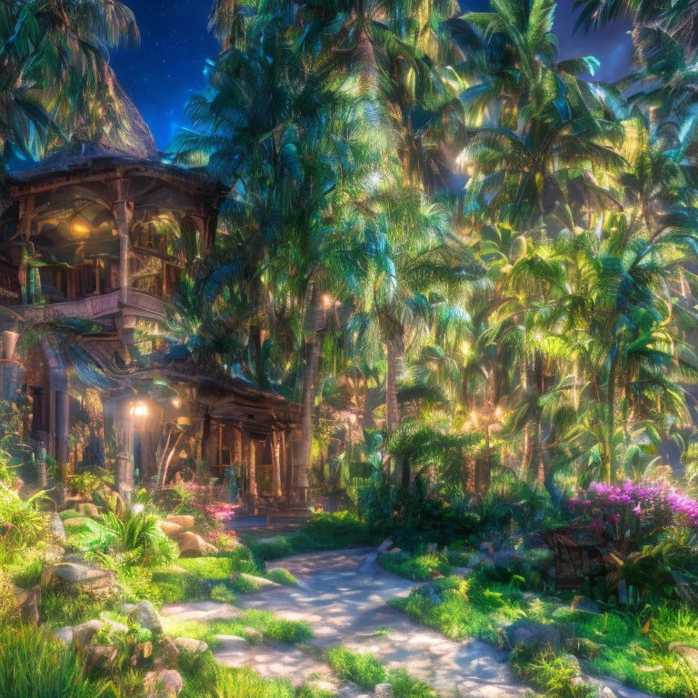 Tropical Thatched Hut Amid Lush Palms and Vibrant Flora at Dusk