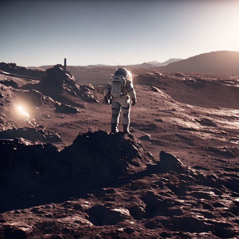 Astronaut on rocky terrain with sun flare depicting exploration.