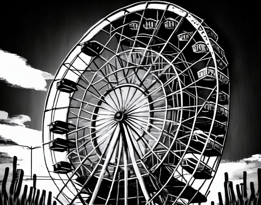 Monochrome Ferris Wheel Against Cloudy Sky