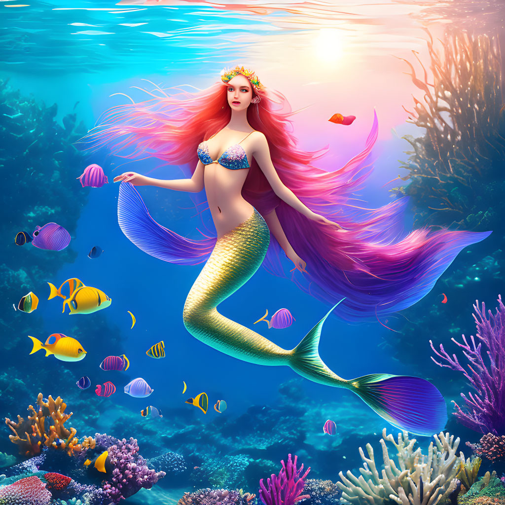 Colorful Mermaid Illustration with Pink Hair in Coral Reef Environment