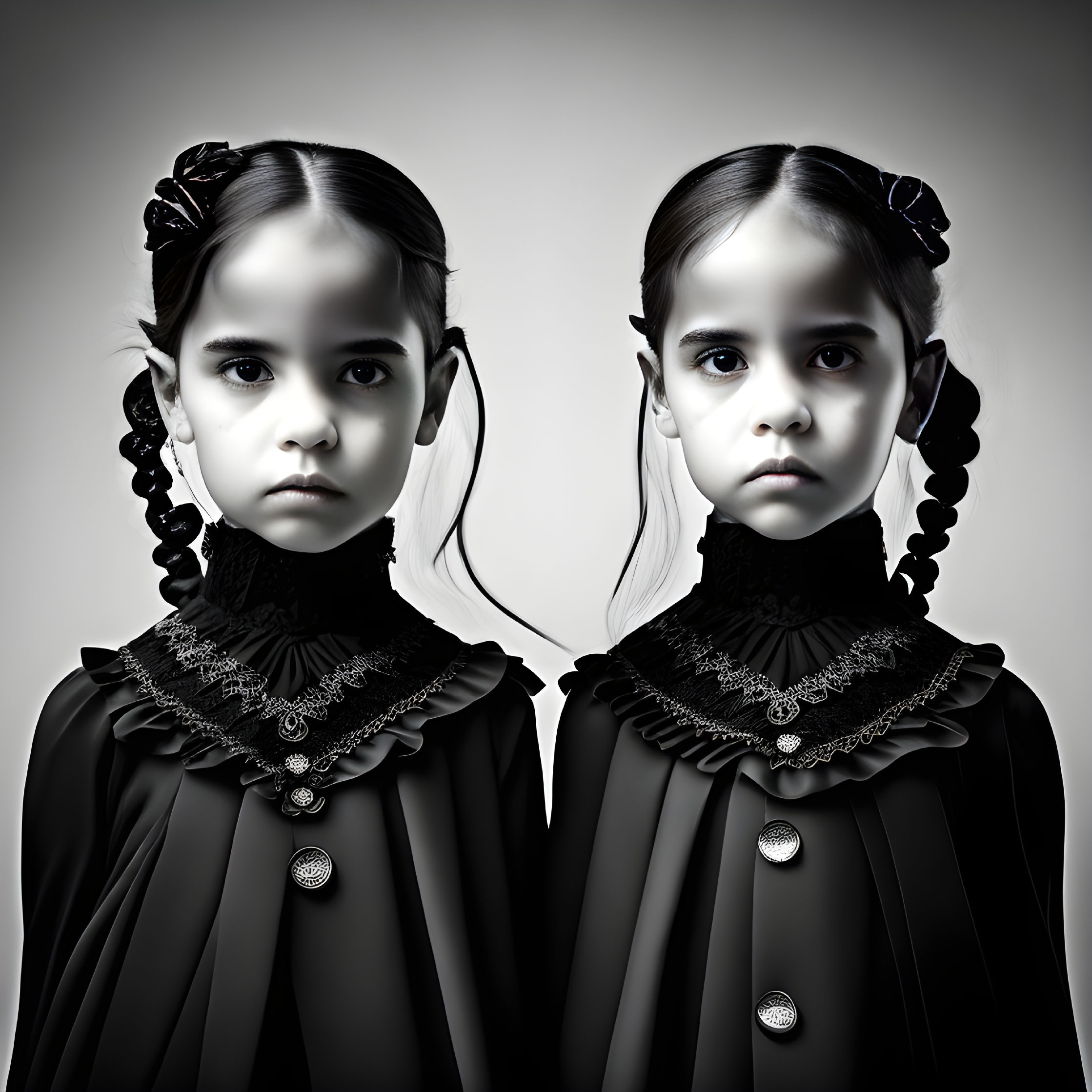 Twin girls in matching black dresses with braided hair accessories on grey background