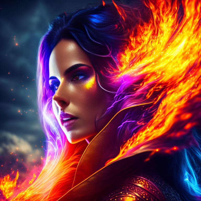 Digital artwork: Woman with fiery and icy elements, blending power and elegance with fantasy features