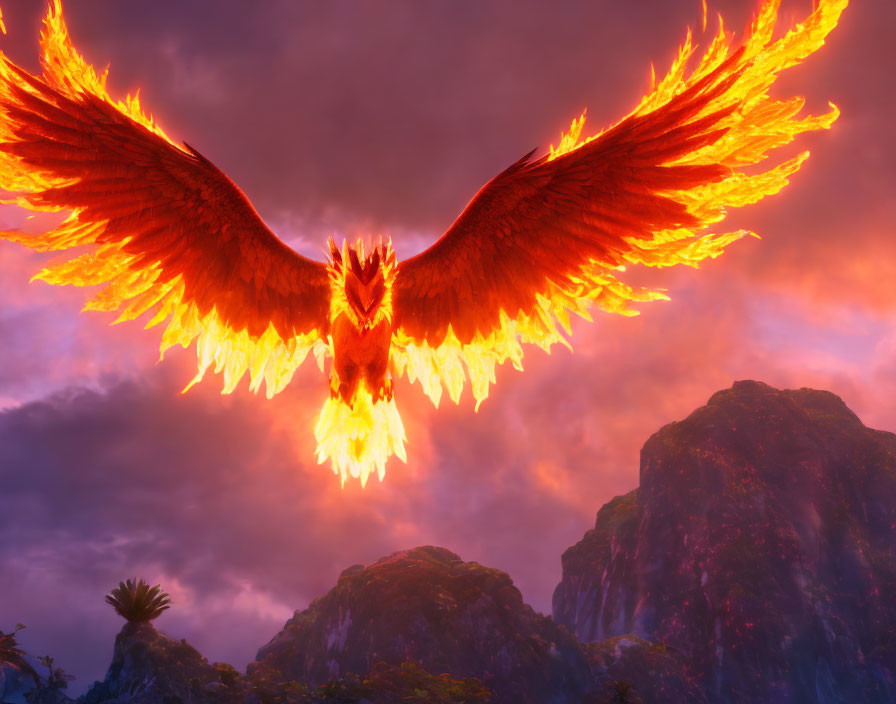 Majestic phoenix with fiery wings in dramatic mountain scenery