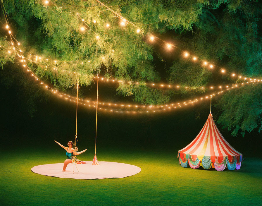 Person on Swing Under String Lights with Circus Tent in Night Garden