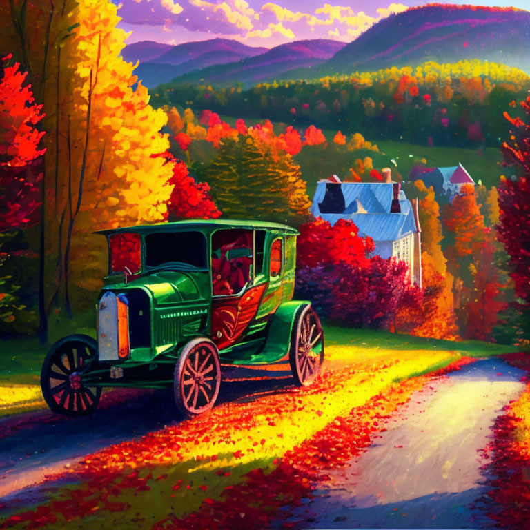 Vintage Green Car Driving on Country Road with Autumn Foliage and Mountains at Sunset