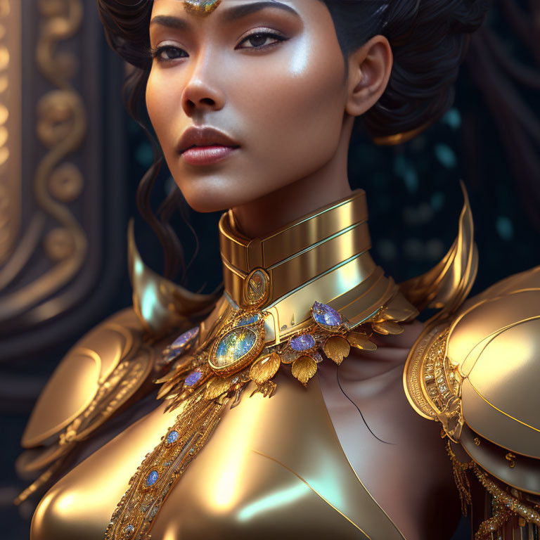 Woman in golden armor with blue gemstones: Digital portrait