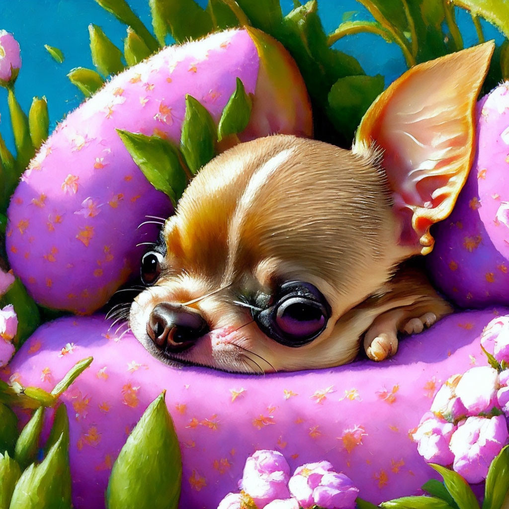 Small Chihuahua surrounded by pink cactus flowers and green buds