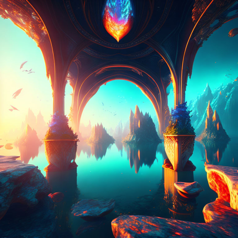 Fantasy landscape with ornate archway, calm lake, floating islands, and glowing orb