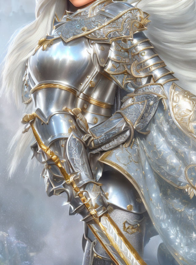 Female knight in silver armor with gold and blue accents holding a spear