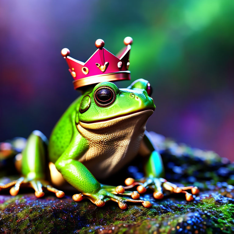 Colorful Frog Wearing Red Crown on Mossy Surface