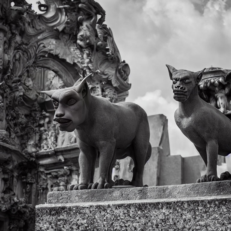 Menacing stone gargoyle statues on intricate architectural ledge