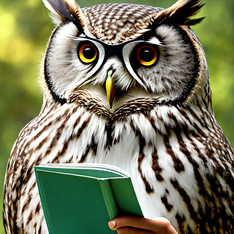 Large owl with brown and white feathers holding a green book on blurred green background