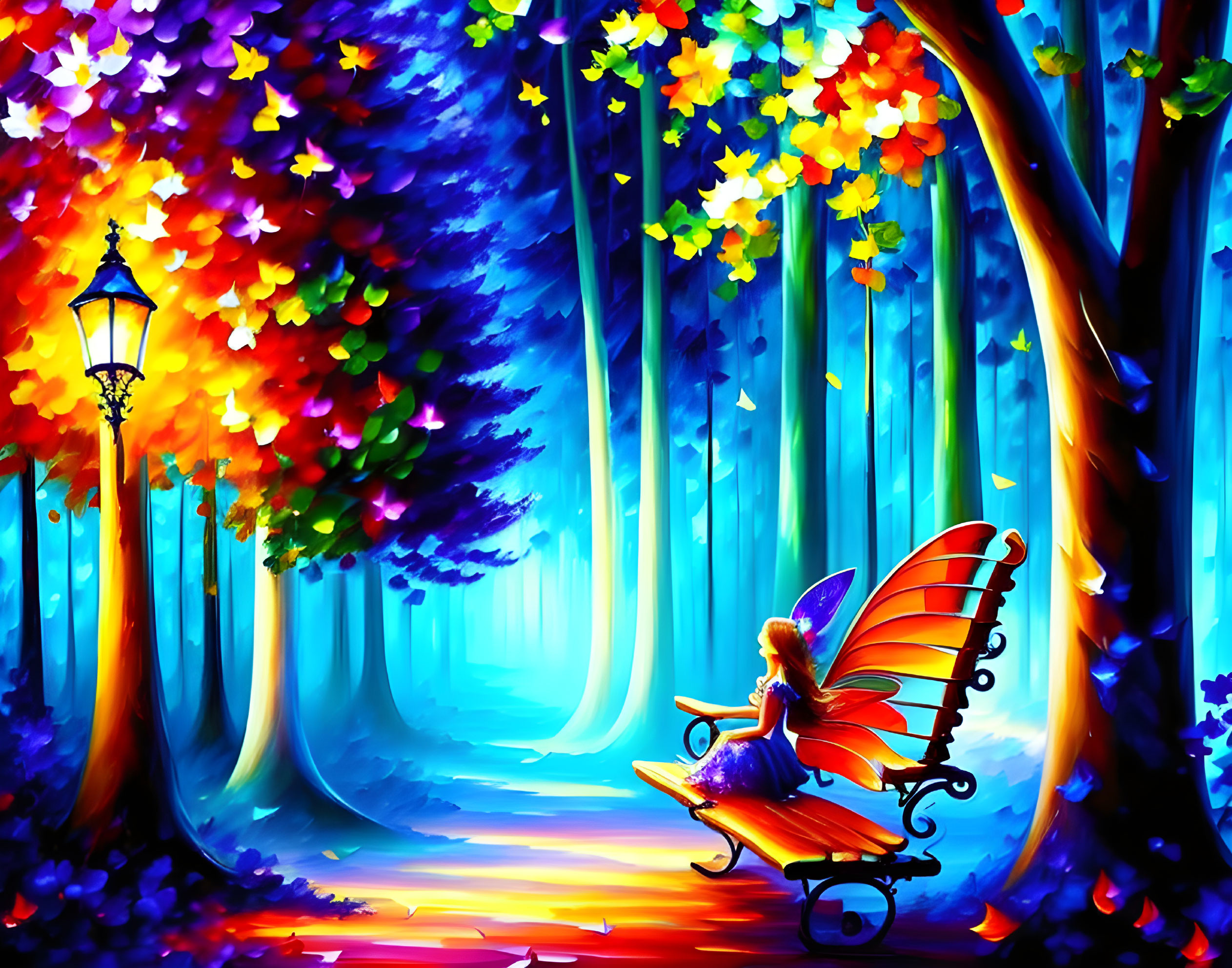 Fantasy forest with blue and purple hues, whimsical fairy on bench next to glowing lamp post