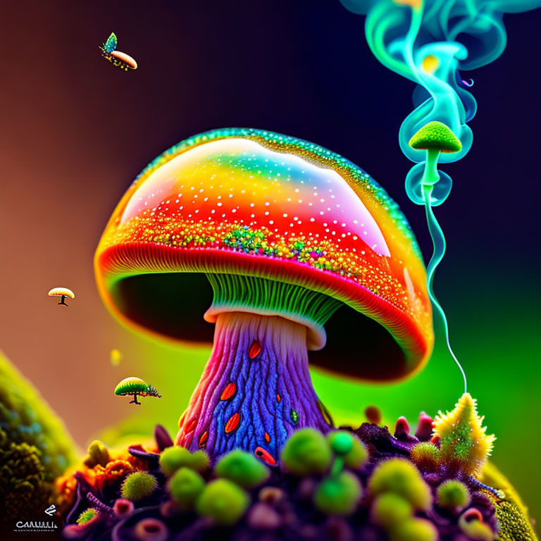 Colorful Glowing Mushroom Artwork with Blue Smoke Trail