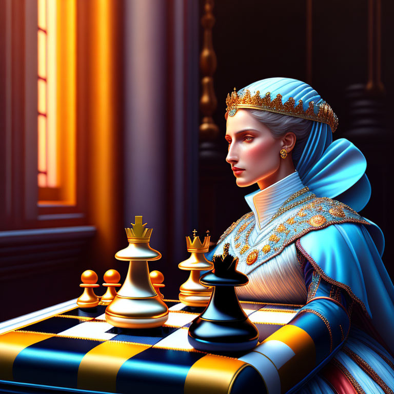 Regal woman in blue gown and crown at chessboard in opulent room