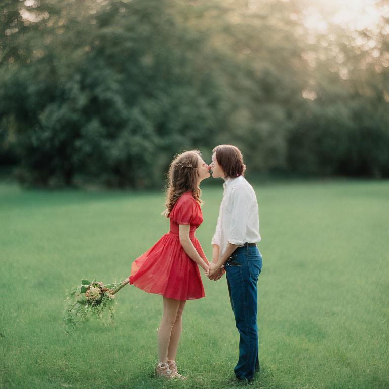 Couple in loving embrace in green field, woman in red dress holding flowers.