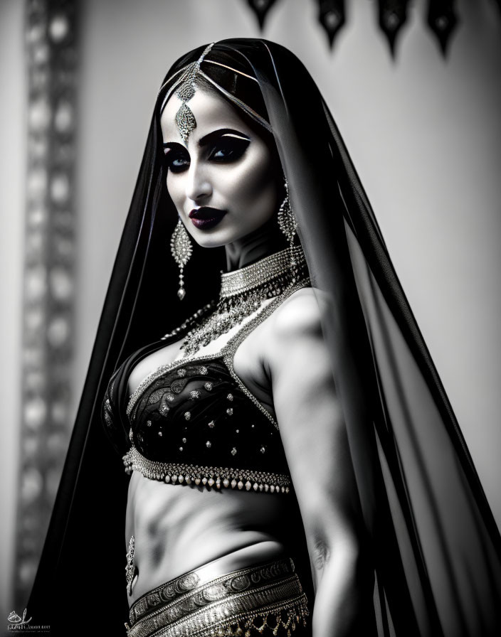 Monochrome portrait of woman in Indian attire with bold makeup