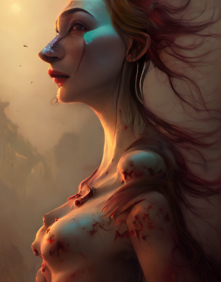 Digital artwork: Woman with red hair and blood splatters in determined gaze against warm backdrop