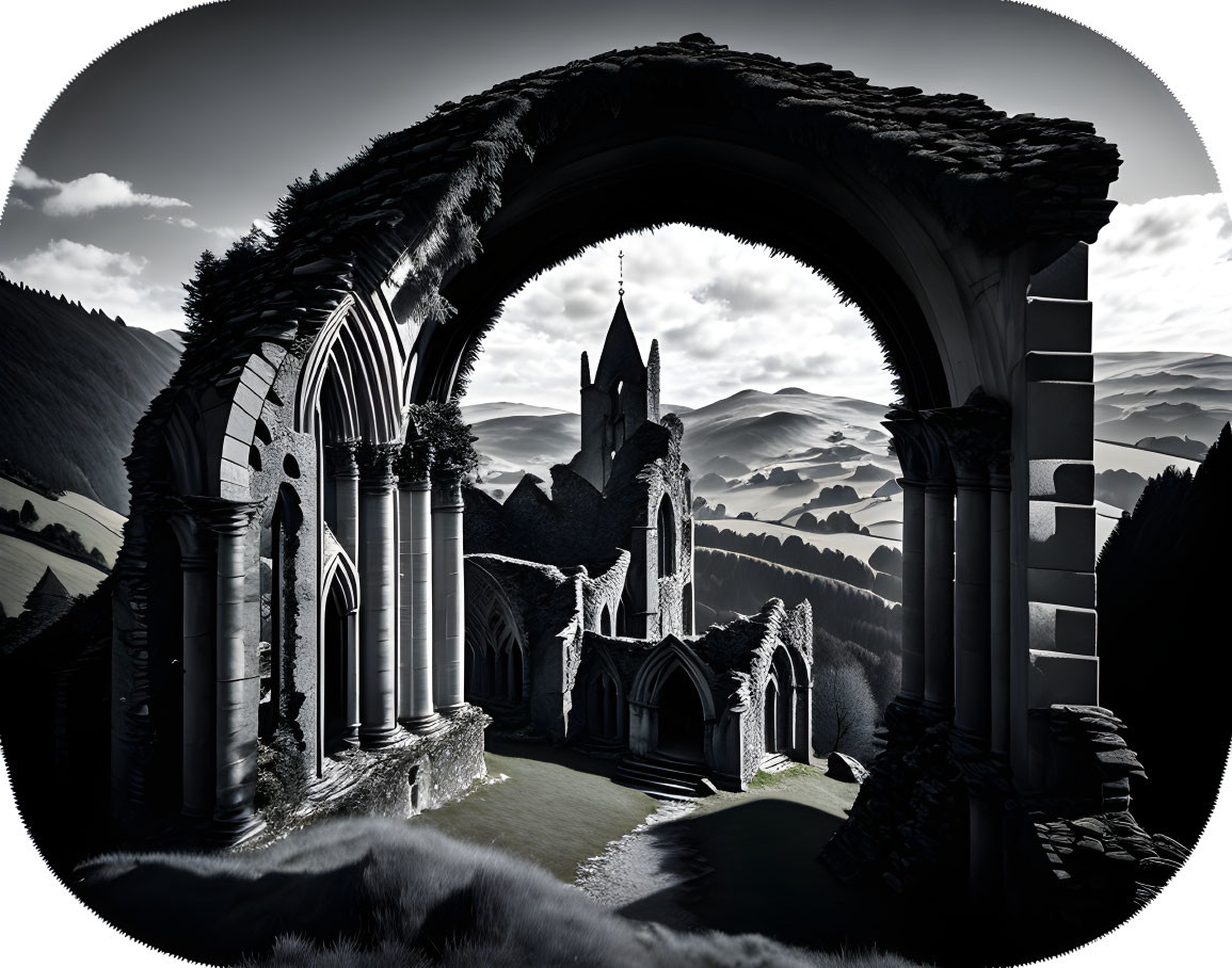 Gothic archway ruins with distant church, rolling hills, and dramatic sky