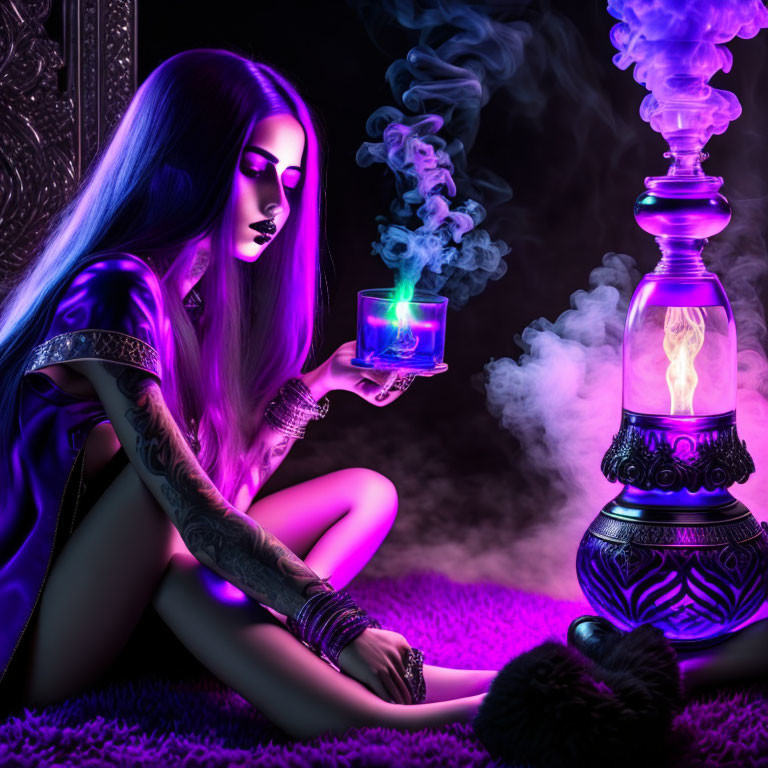 Purple-Skinned Woman with Blue Flame and Hookah in Purple Setting