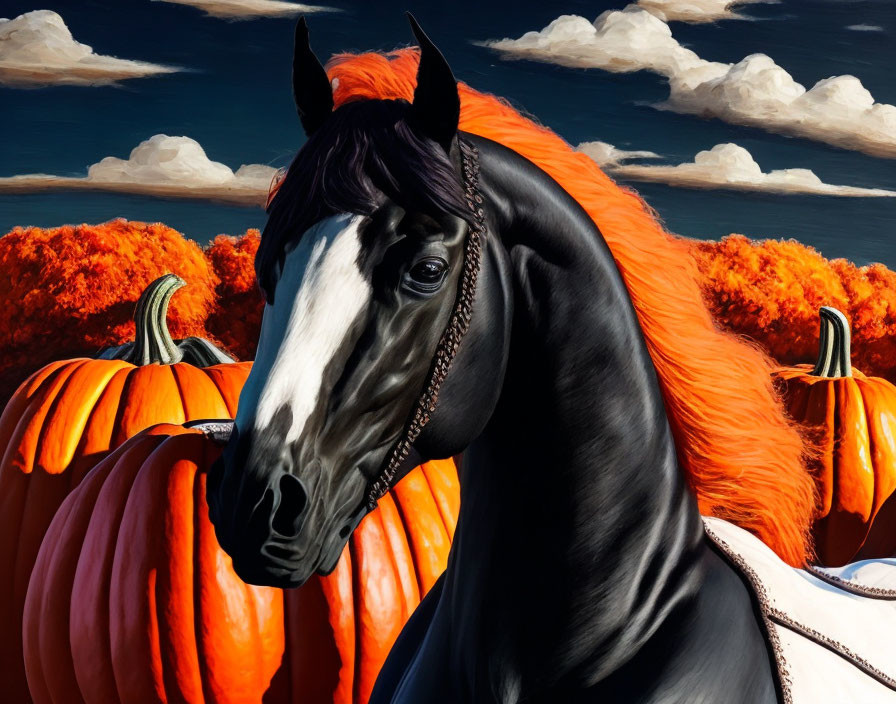 Majestic black horse with white blaze among autumn pumpkins and trees